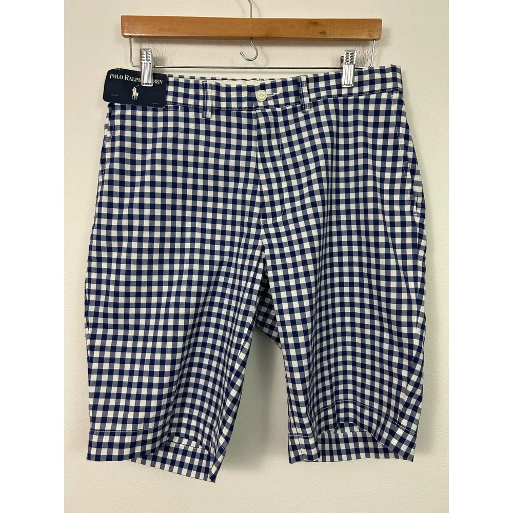 Polo Ralph Lauren Mens Gingham Shorts Navy Blue White Check Cotton Size 33 NEW